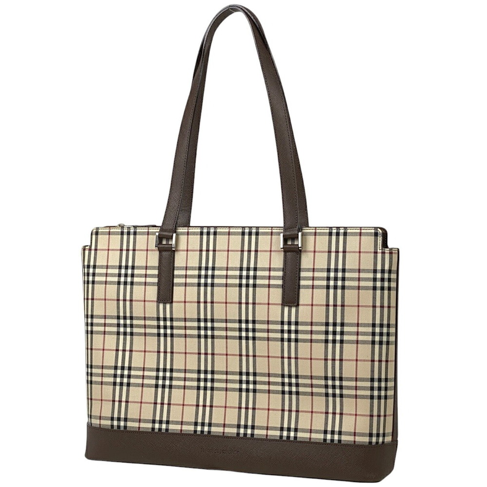 Burberry check tote bag shoulder logo canvas beige brown